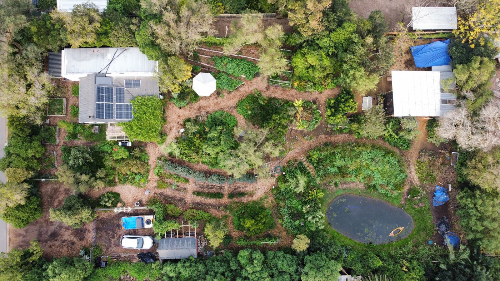 Aerial drone view of the garden from above: a house with solar panels, winding mulch paths through planted beds, a small pond with a yellow kayak, and outbuildings, surrounded by tall trees